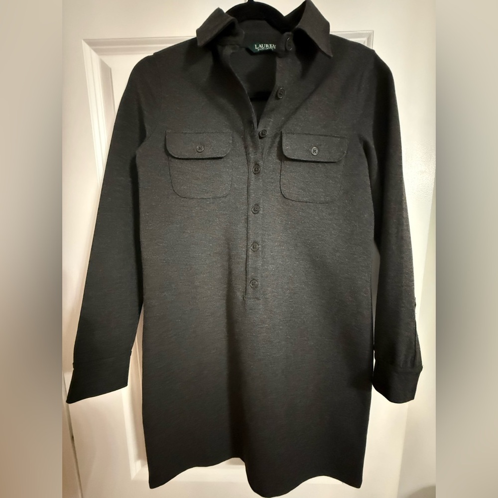 Lauren Ralph Lauren Dark Charcoal Gray Knit Shirt Dress Tunic XS Stretch